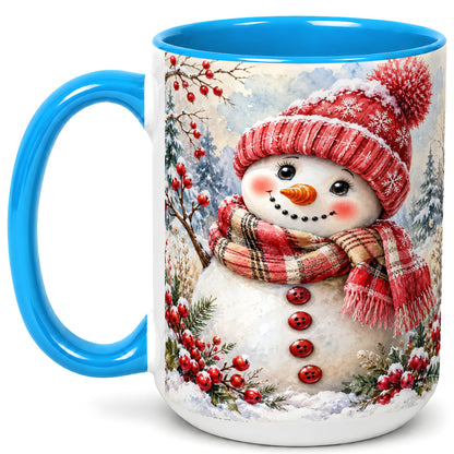 #pl[15oz|Blue] Watercolor Snowman Coffee Mug, Plaid Winter Mug, Ceramic Cup
