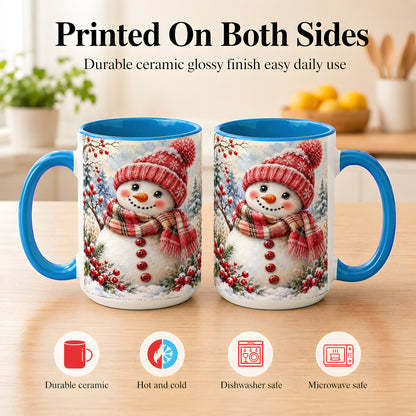 #pl[15oz|Blue] Watercolor Snowman Coffee Mug, Plaid Winter Mug, Ceramic Cup