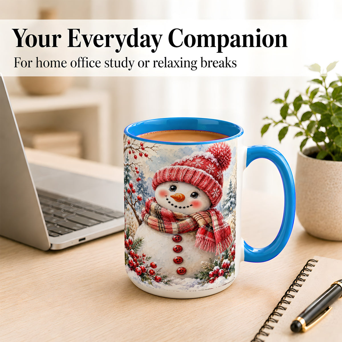 #pl[15oz|Blue] Watercolor Snowman Coffee Mug, Plaid Winter Mug, Ceramic Cup