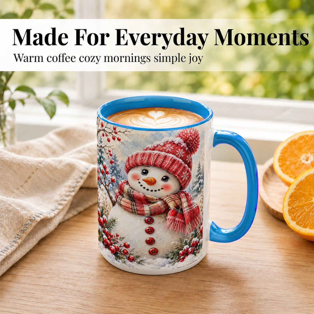 #pl[15oz|Blue] Watercolor Snowman Coffee Mug, Plaid Winter Mug, Ceramic Cup