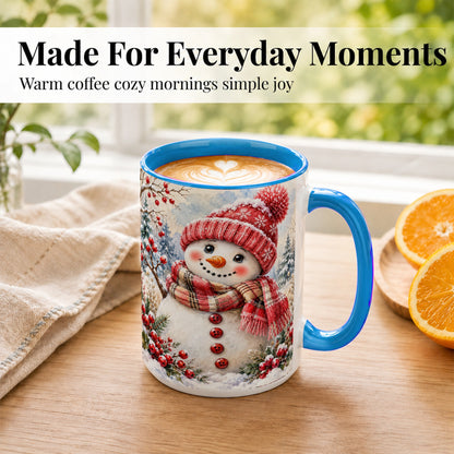 #pl[15oz|Blue] Watercolor Snowman Coffee Mug, Plaid Winter Mug, Ceramic Cup
