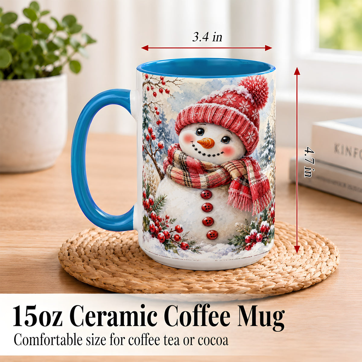 #pl[15oz|Blue] Watercolor Snowman Coffee Mug, Plaid Winter Mug, Ceramic Cup