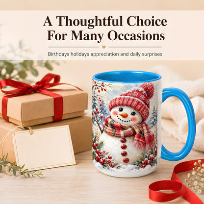 #pl[15oz|Blue] Watercolor Snowman Coffee Mug, Plaid Winter Mug, Ceramic Cup