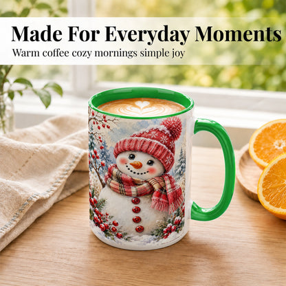 #pl[15oz|Green] Watercolor Snowman Coffee Mug, Plaid Winter Mug, Ceramic Cup