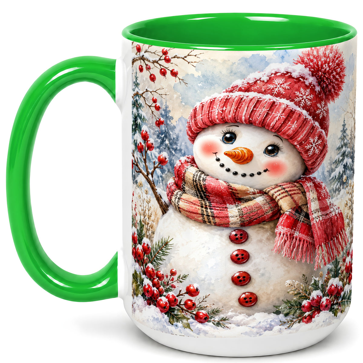 #pl[15oz|Green] Watercolor Snowman Coffee Mug, Plaid Winter Mug, Ceramic Cup