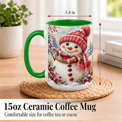 #pl[15oz|Green] Watercolor Snowman Coffee Mug, Plaid Winter Mug, Ceramic Cup