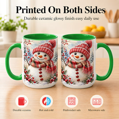 #pl[15oz|Green] Watercolor Snowman Coffee Mug, Plaid Winter Mug, Ceramic Cup