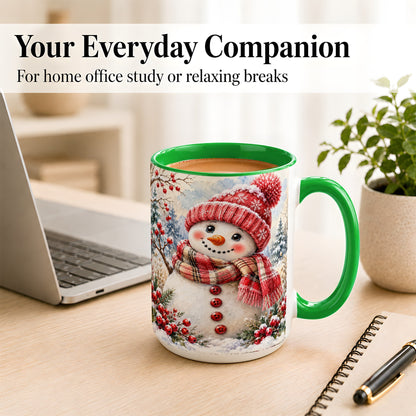 #pl[15oz|Green] Watercolor Snowman Coffee Mug, Plaid Winter Mug, Ceramic Cup