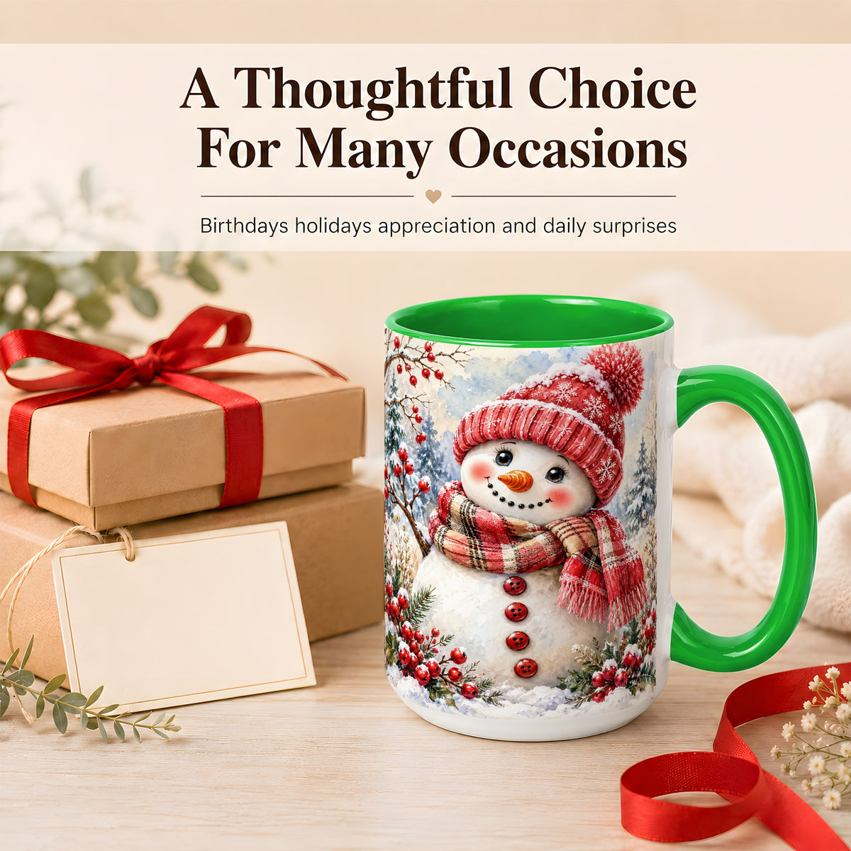 #pl[15oz|Green] Watercolor Snowman Coffee Mug, Plaid Winter Mug, Ceramic Cup