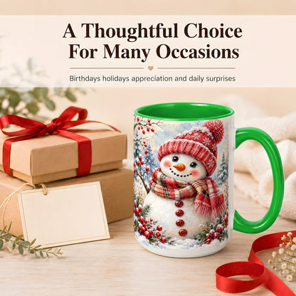 #pl[15oz|Green] Watercolor Snowman Coffee Mug, Plaid Winter Mug, Ceramic Cup