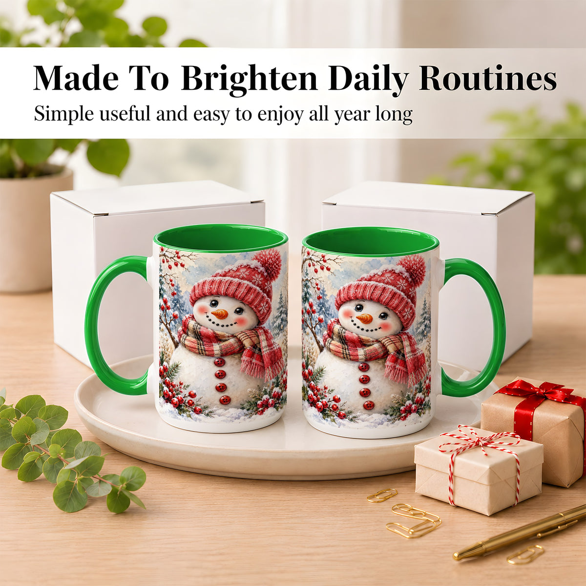 #pl[15oz|Green] Watercolor Snowman Coffee Mug, Plaid Winter Mug, Ceramic Cup