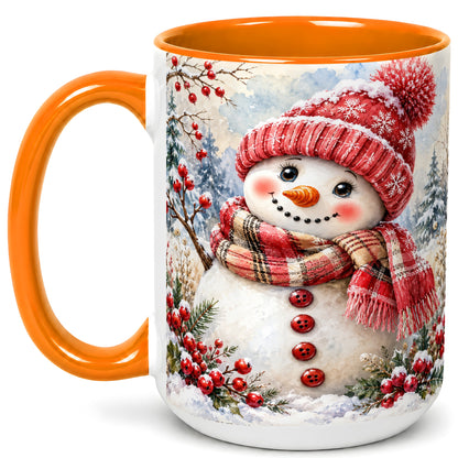 #pl[15oz|Orange] Watercolor Snowman Coffee Mug, Plaid Winter Mug, Ceramic Cup