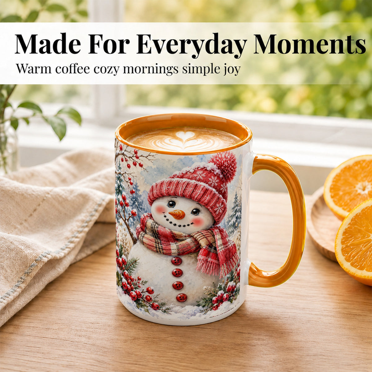 #pl[15oz|Orange] Watercolor Snowman Coffee Mug, Plaid Winter Mug, Ceramic Cup