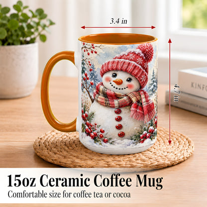 #pl[15oz|Orange] Watercolor Snowman Coffee Mug, Plaid Winter Mug, Ceramic Cup