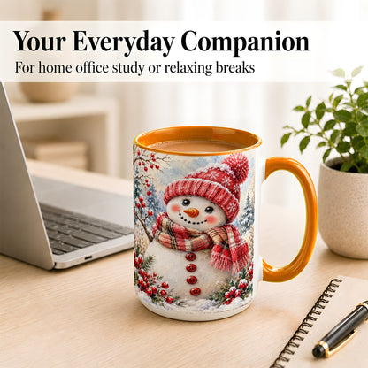 #pl[15oz|Orange] Watercolor Snowman Coffee Mug, Plaid Winter Mug, Ceramic Cup