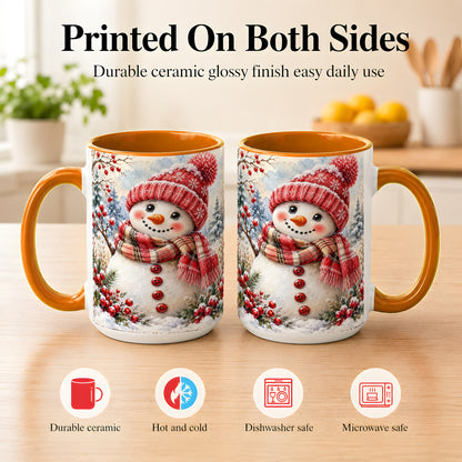 #pl[15oz|Orange] Watercolor Snowman Coffee Mug, Plaid Winter Mug, Ceramic Cup
