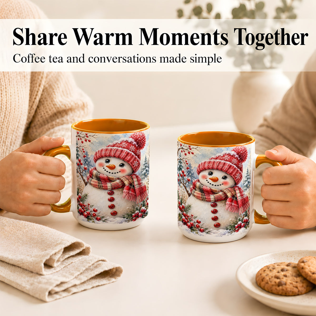 #pl[15oz|Orange] Watercolor Snowman Coffee Mug, Plaid Winter Mug, Ceramic Cup
