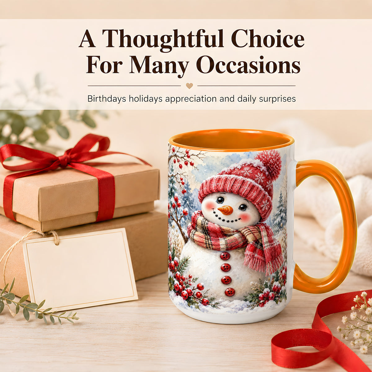 #pl[15oz|Orange] Watercolor Snowman Coffee Mug, Plaid Winter Mug, Ceramic Cup