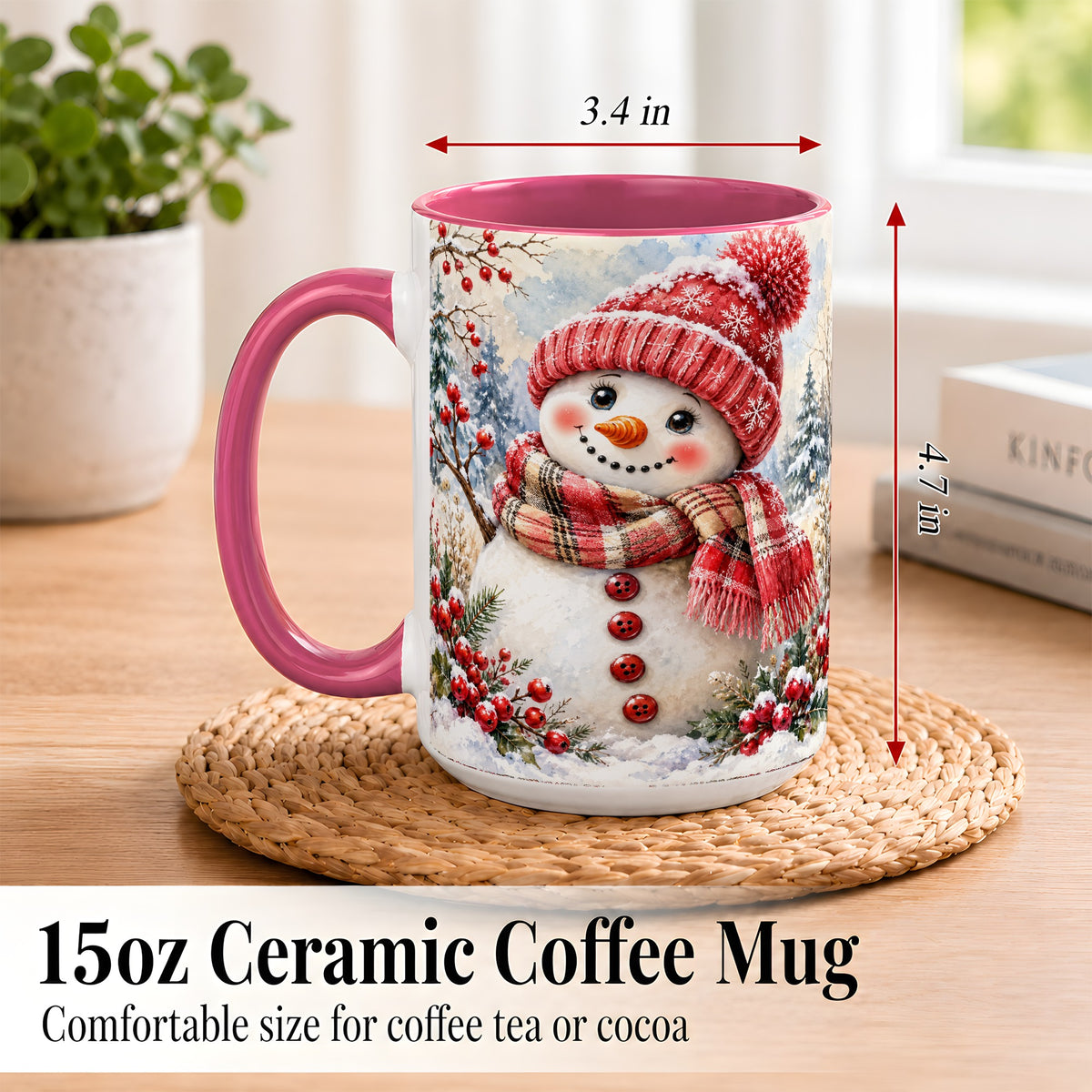 #pl[15oz|Pink] Watercolor Snowman Coffee Mug, Plaid Winter Mug, Ceramic Cup