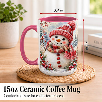 #pl[15oz|Pink] Watercolor Snowman Coffee Mug, Plaid Winter Mug, Ceramic Cup