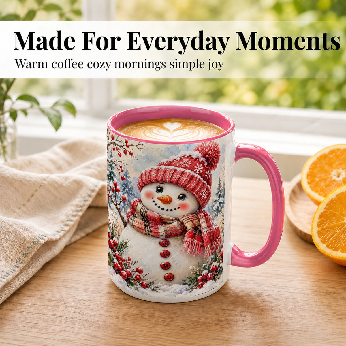 #pl[15oz|Pink] Watercolor Snowman Coffee Mug, Plaid Winter Mug, Ceramic Cup