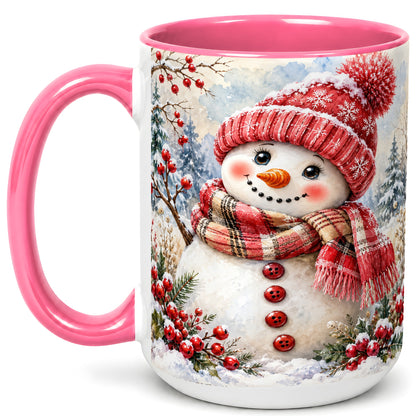 #pl[15oz|Pink] Watercolor Snowman Coffee Mug, Plaid Winter Mug, Ceramic Cup
