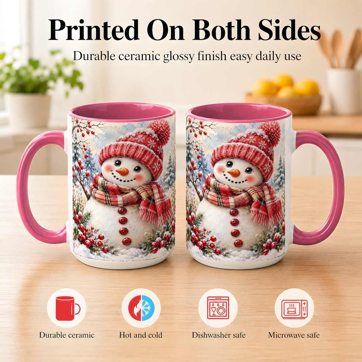 #pl[15oz|Pink] Watercolor Snowman Coffee Mug, Plaid Winter Mug, Ceramic Cup