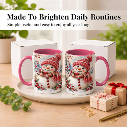 #pl[15oz|Pink] Watercolor Snowman Coffee Mug, Plaid Winter Mug, Ceramic Cup
