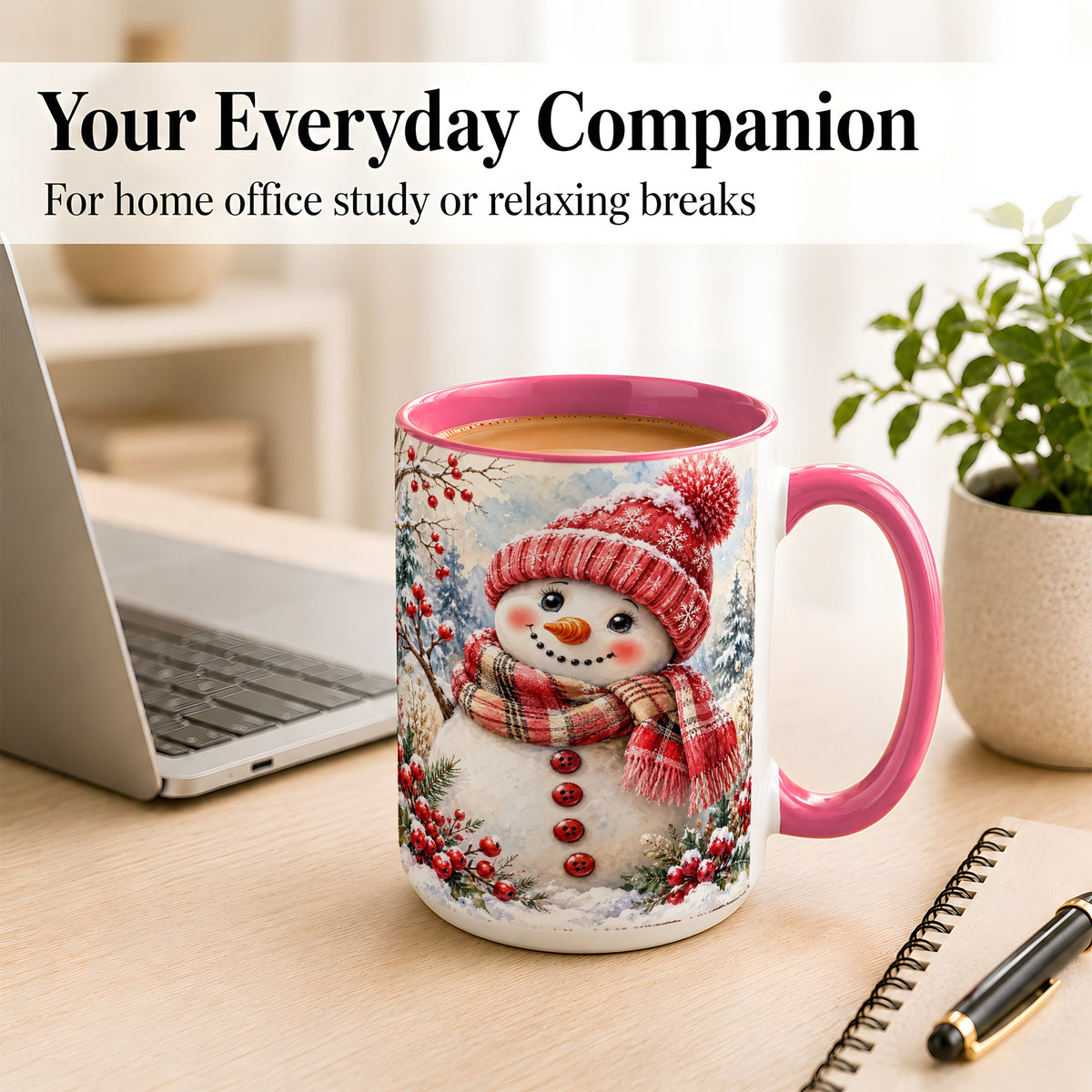 #pl[15oz|Pink] Watercolor Snowman Coffee Mug, Plaid Winter Mug, Ceramic Cup