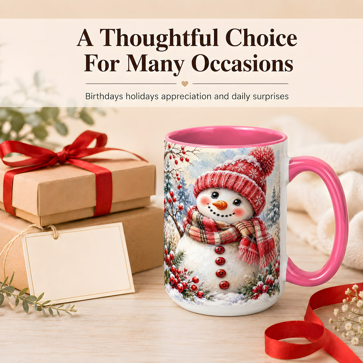 #pl[15oz|Pink] Watercolor Snowman Coffee Mug, Plaid Winter Mug, Ceramic Cup