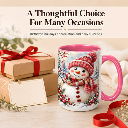 #pl[15oz|Pink] Watercolor Snowman Coffee Mug, Plaid Winter Mug, Ceramic Cup