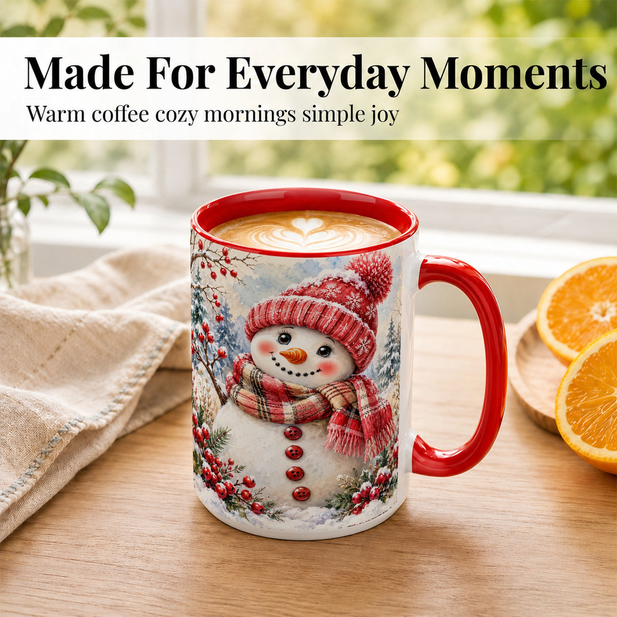 #pl[15oz|Red] Watercolor Snowman Coffee Mug, Plaid Winter Mug, Ceramic Cup