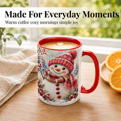 #pl[15oz|Red] Watercolor Snowman Coffee Mug, Plaid Winter Mug, Ceramic Cup