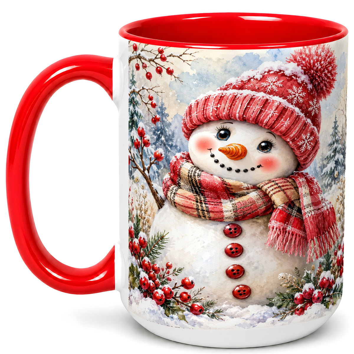 #pl[15oz|Red] Watercolor Snowman Coffee Mug, Plaid Winter Mug, Ceramic Cup