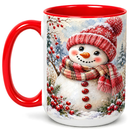#pl[15oz|Red] Watercolor Snowman Coffee Mug, Plaid Winter Mug, Ceramic Cup