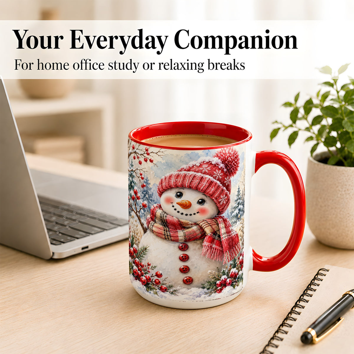 #pl[15oz|Red] Watercolor Snowman Coffee Mug, Plaid Winter Mug, Ceramic Cup