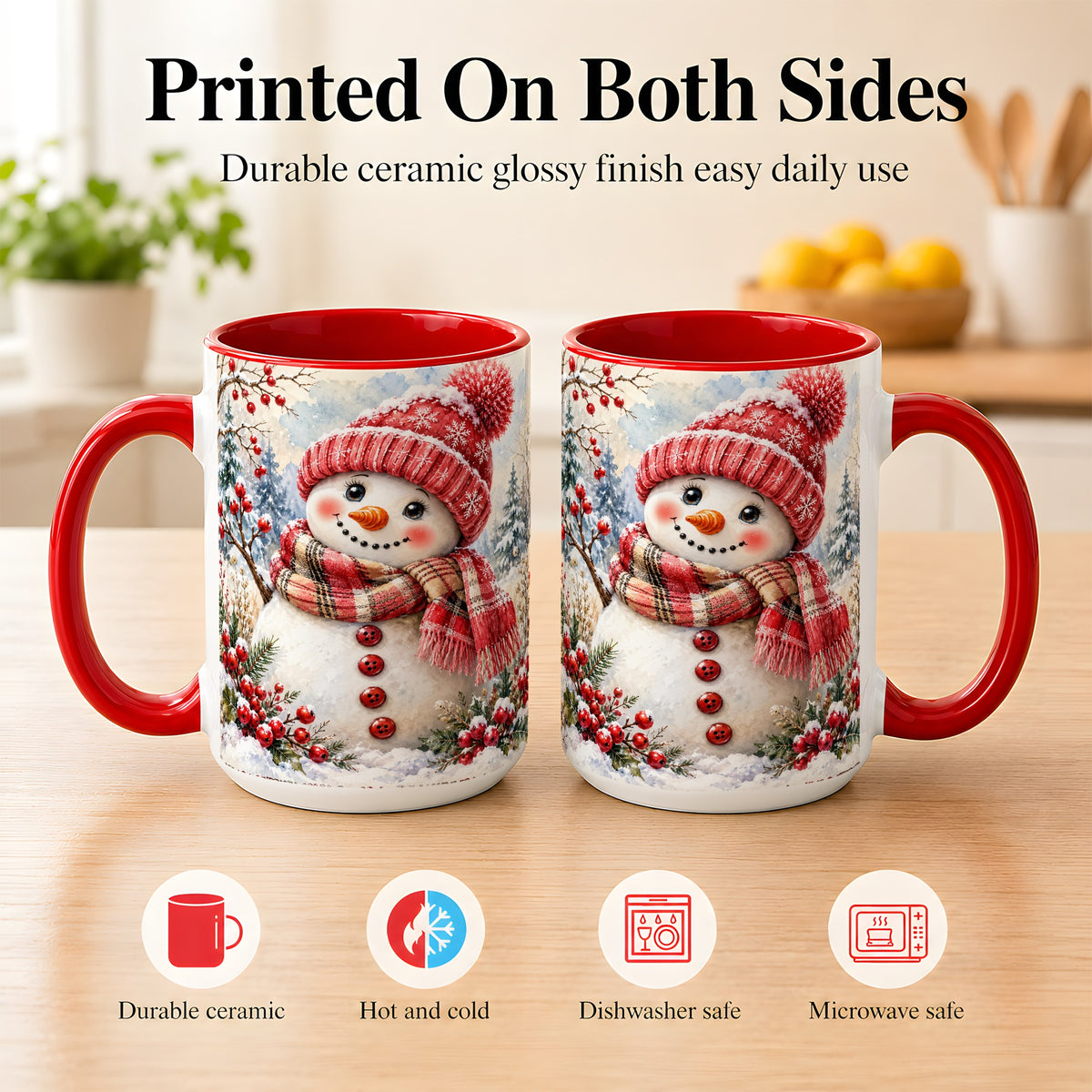 #pl[15oz|Red] Watercolor Snowman Coffee Mug, Plaid Winter Mug, Ceramic Cup