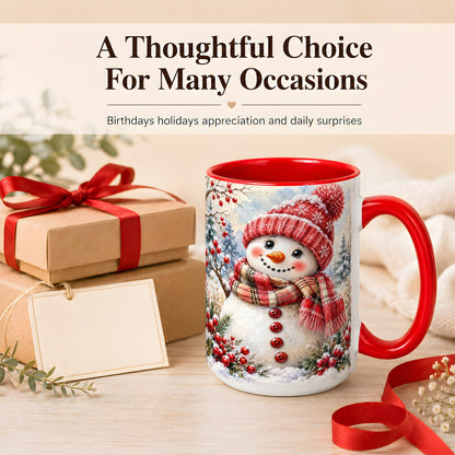 #pl[15oz|Red] Watercolor Snowman Coffee Mug, Plaid Winter Mug, Ceramic Cup