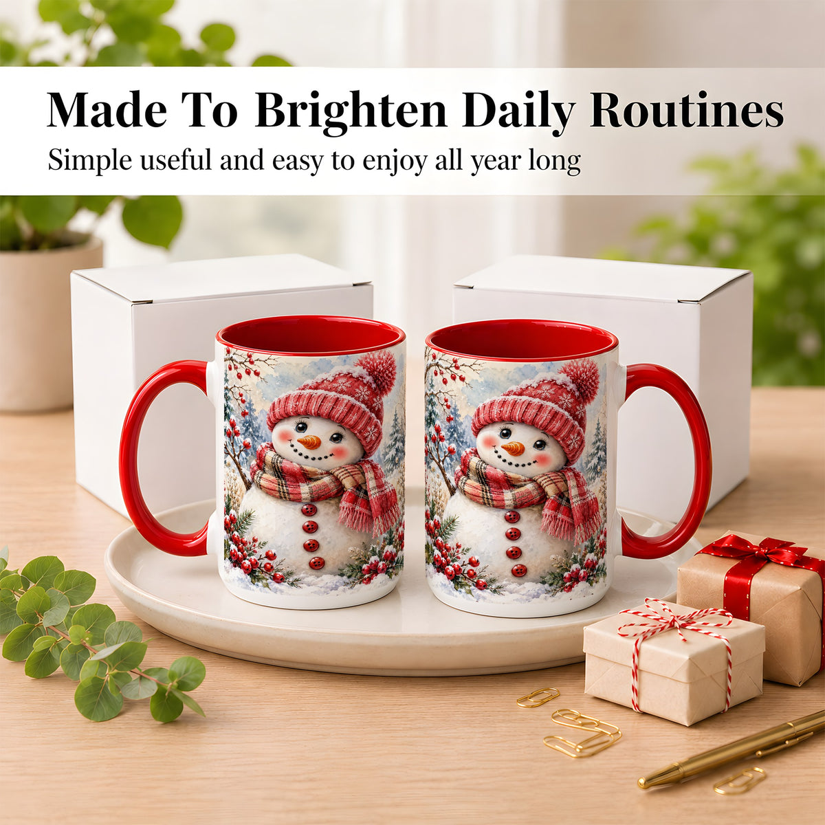 #pl[15oz|Red] Watercolor Snowman Coffee Mug, Plaid Winter Mug, Ceramic Cup