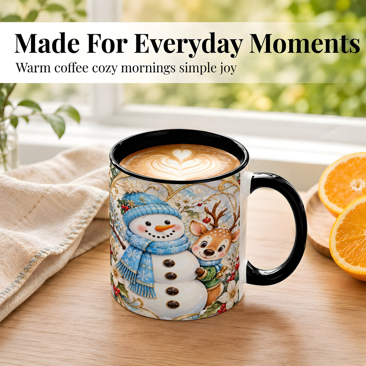 #pl[11oz|Black] Snowman Reindeer Coffee Mug, Blue Winter Mug, Ceramic Cup