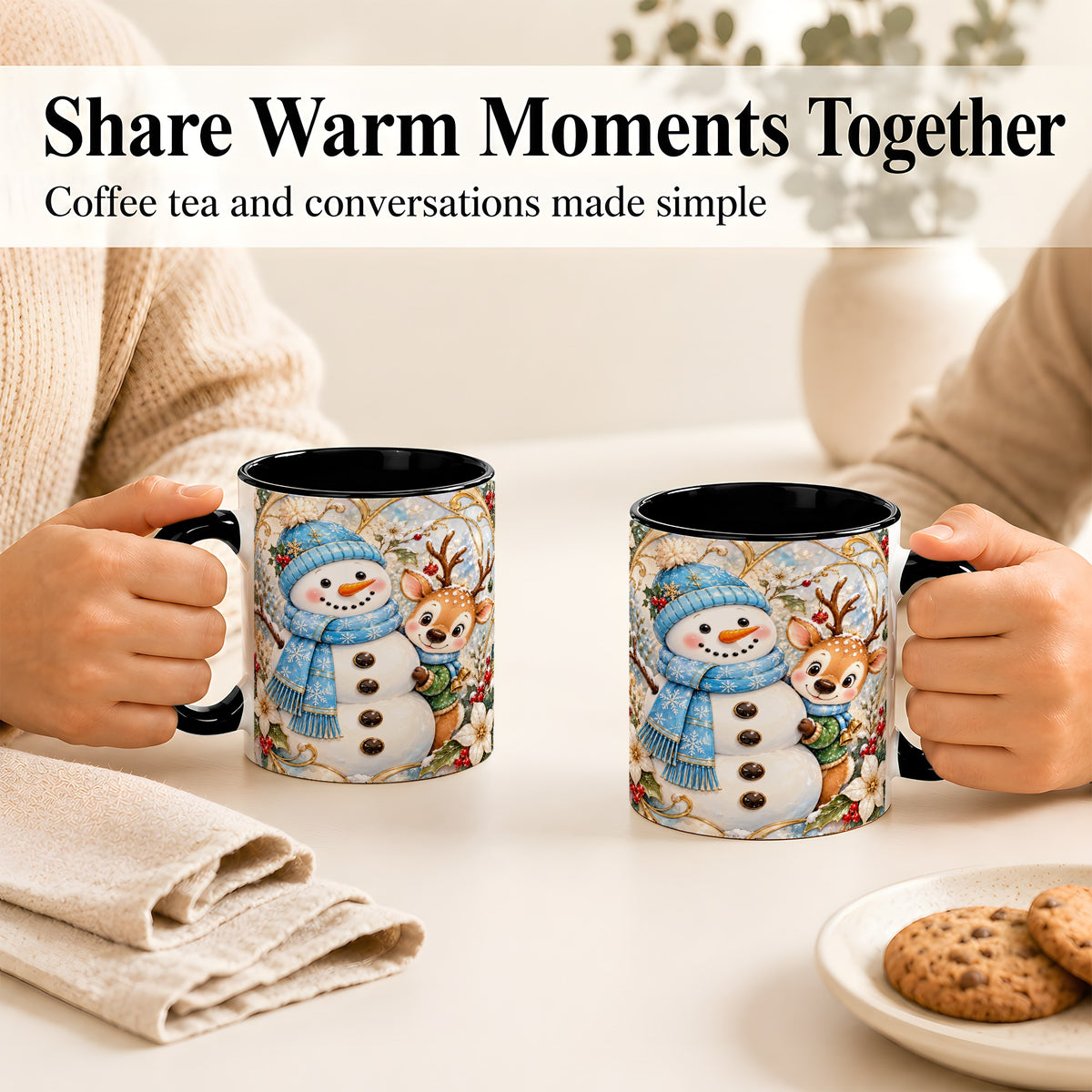 #pl[11oz|Black] Snowman Reindeer Coffee Mug, Blue Winter Mug, Ceramic Cup
