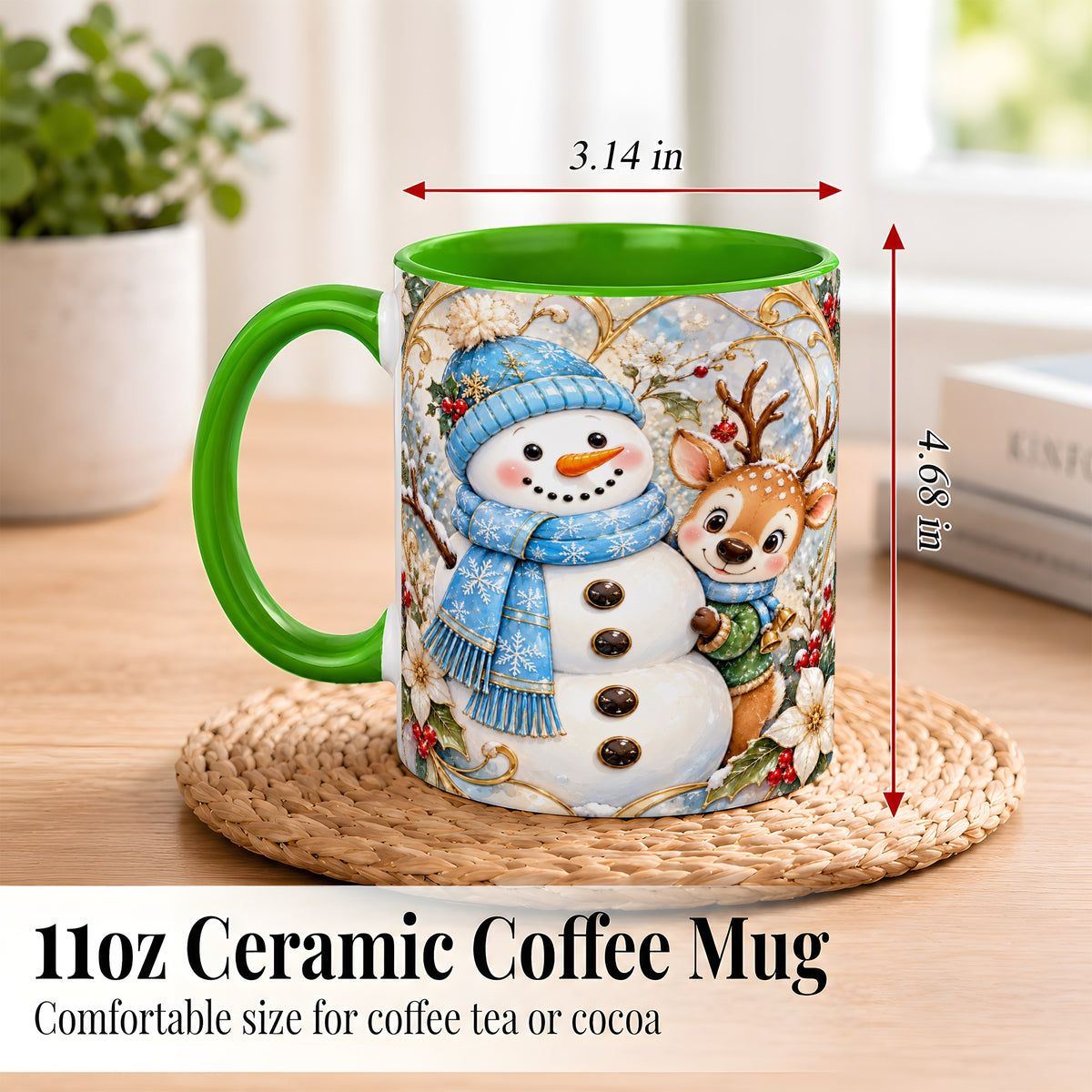#pl[11oz|Green] Snowman Reindeer Coffee Mug, Blue Winter Mug, Ceramic Cup