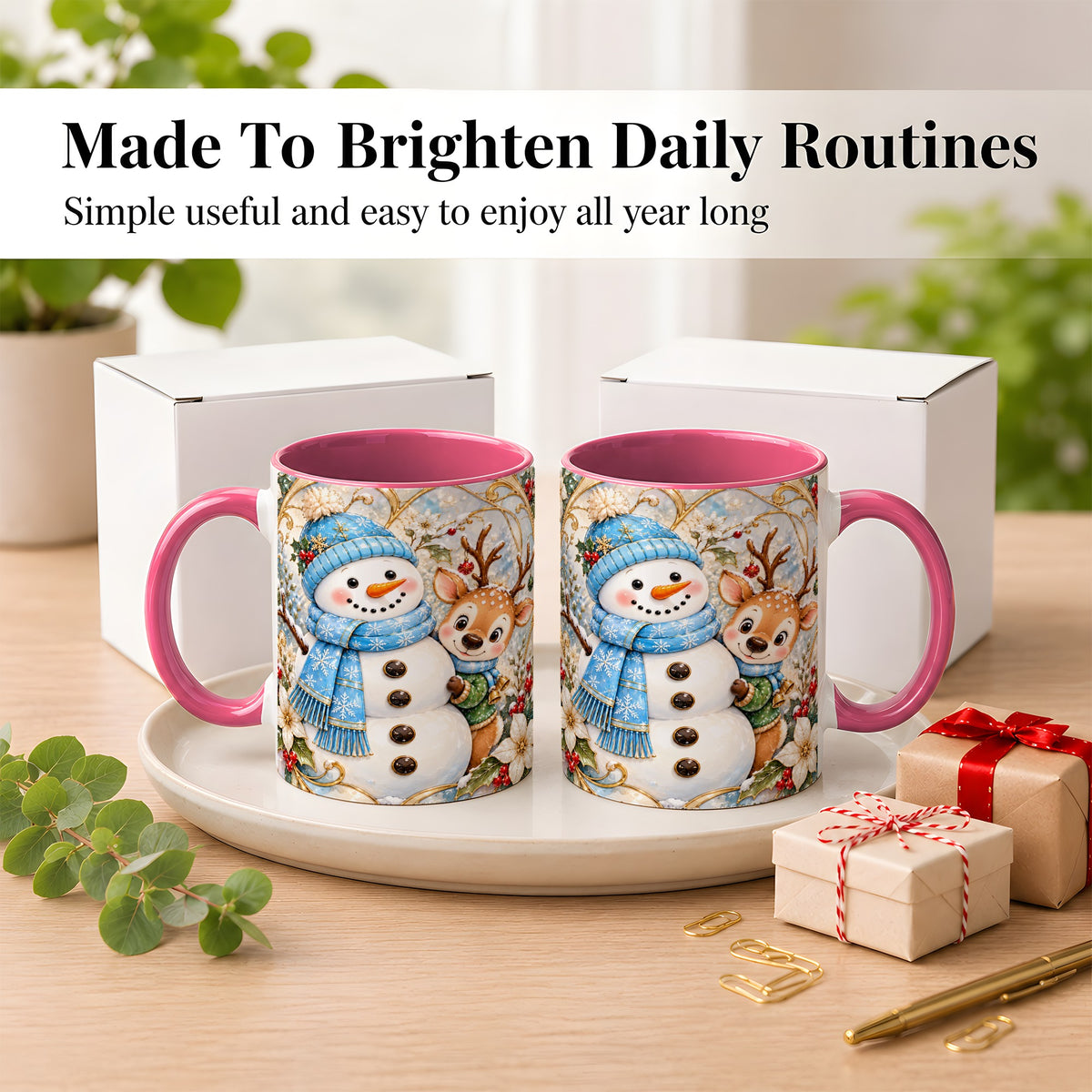 #pl[11oz|Pink] Snowman Reindeer Coffee Mug, Blue Winter Mug, Ceramic Cup