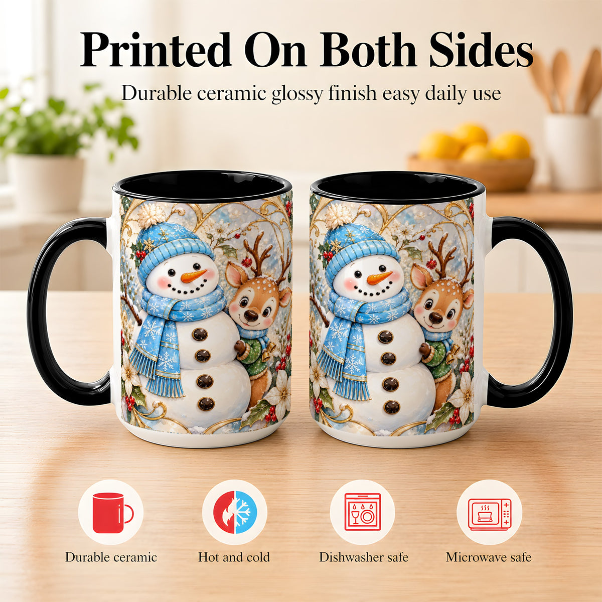 #pl[15oz|Black] Snowman Reindeer Coffee Mug, Blue Winter Mug, Ceramic Cup