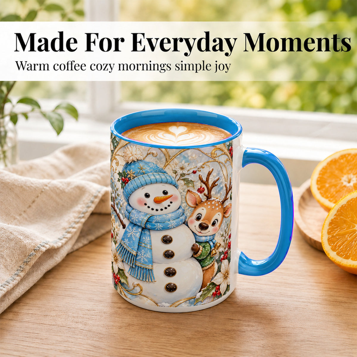 #pl[15oz|Blue] Snowman Reindeer Coffee Mug, Blue Winter Mug, Ceramic Cup