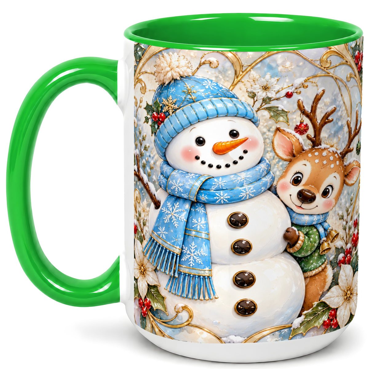 #pl[15oz|Green] Snowman Reindeer Coffee Mug, Blue Winter Mug, Ceramic Cup