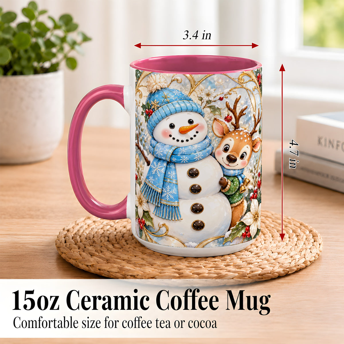 #pl[15oz|Pink] Snowman Reindeer Coffee Mug, Blue Winter Mug, Ceramic Cup