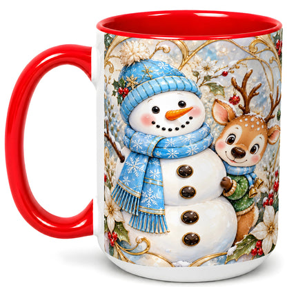 #pl[15oz|Red] Snowman Reindeer Coffee Mug, Blue Winter Mug, Ceramic Cup