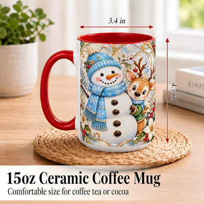 #pl[15oz|Red] Snowman Reindeer Coffee Mug, Blue Winter Mug, Ceramic Cup