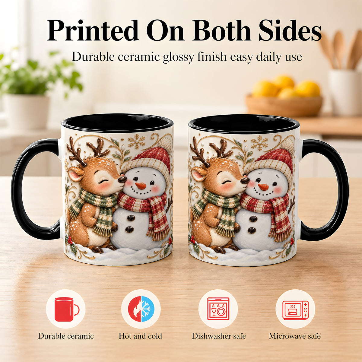 #pl[11oz|Black] Reindeer Snowman Coffee Mug, Cozy Winter Mug, Ceramic Cup